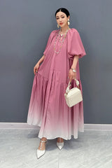 Women's New Gradient Pink Balloon Sleeve Midi Dress