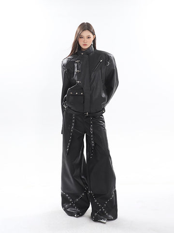 High-Fashion Metal-Accented Wide Leg Leather Pants – HEYFANCYSTYLE