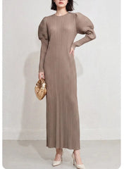 Puff Sleeve Plissé Midi Dress