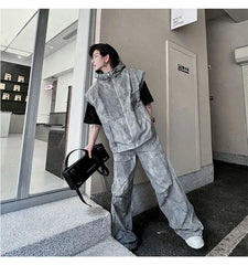 Men's Gray Trendy Baggy Hoodie Vest 2-Piece Set