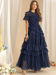 Luxe Navy Blue Lace Tiered Ruffle Chiffon Dress