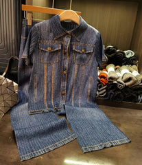 Denim Pleated Blouse & Wide Leg Pants