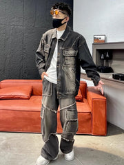 Men's 2 Piece Set Distressed Denim Cargo Jacket & Jeans