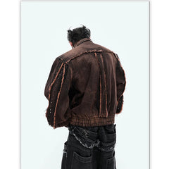 Men's Brown Denim Jacket with Padded Shoulders