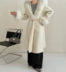 Luxury Wool-Blend Faux Fur Hooded Coat
