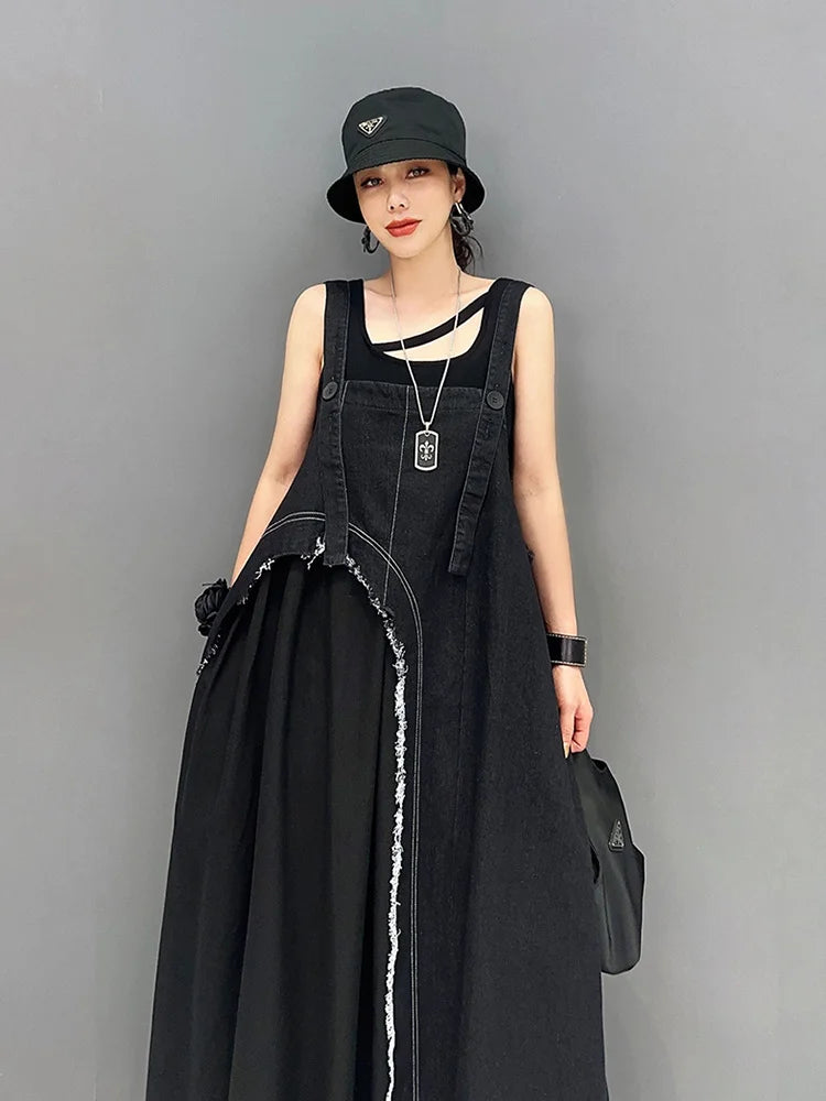 HEYFANCYSTYLE Denim and Black Sleeveless Dress