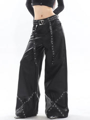 High-Fashion Metal-Accented Wide Leg Leather Pants