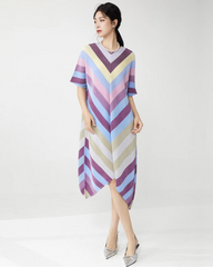 Plisse Asymmetric Stripe Dress