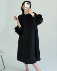 Luxe Floral-Sleeve Pleated Dress