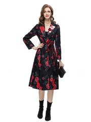 Women's Slim Fit Black Floral Rose Trench Coat