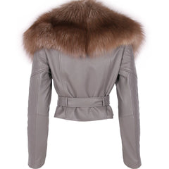 Leather Moto Jacket for Women - Real Fox Fur Trim