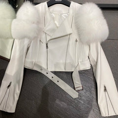 Women's Genuine Fox Fur Leather Winter Jacket Coat