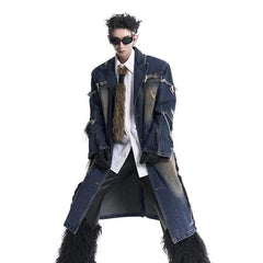 Men's Rugged Denim Streetwear Long Coat