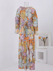 Women's Elegant Floral Ruffle Pleated Midi Dress