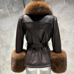 Women's Premium Fox Fur Collar Leather Winter Jacket Coat