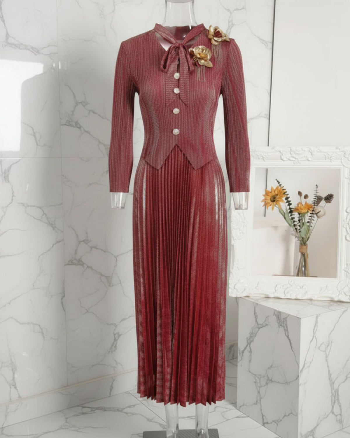 Luxury Floral Plissé Dress