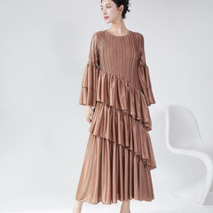 Couture Plissé Pleated Ruffle Sleeve Midi Dress