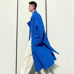 Blue Wool Blend Trench Coat for Men