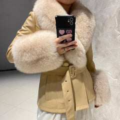 Women's Luxury Leather Coat with Genuine Fox Fur Collar