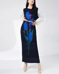 Floral Plissé Long Sleeve Dress