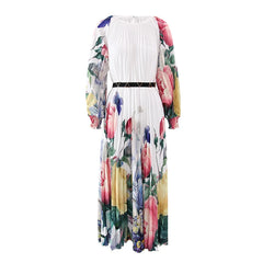 Women's Elegant Floral White Pleated Midi Dress