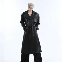 Men's Luxury Faux Leather Belted Long Trench Coat