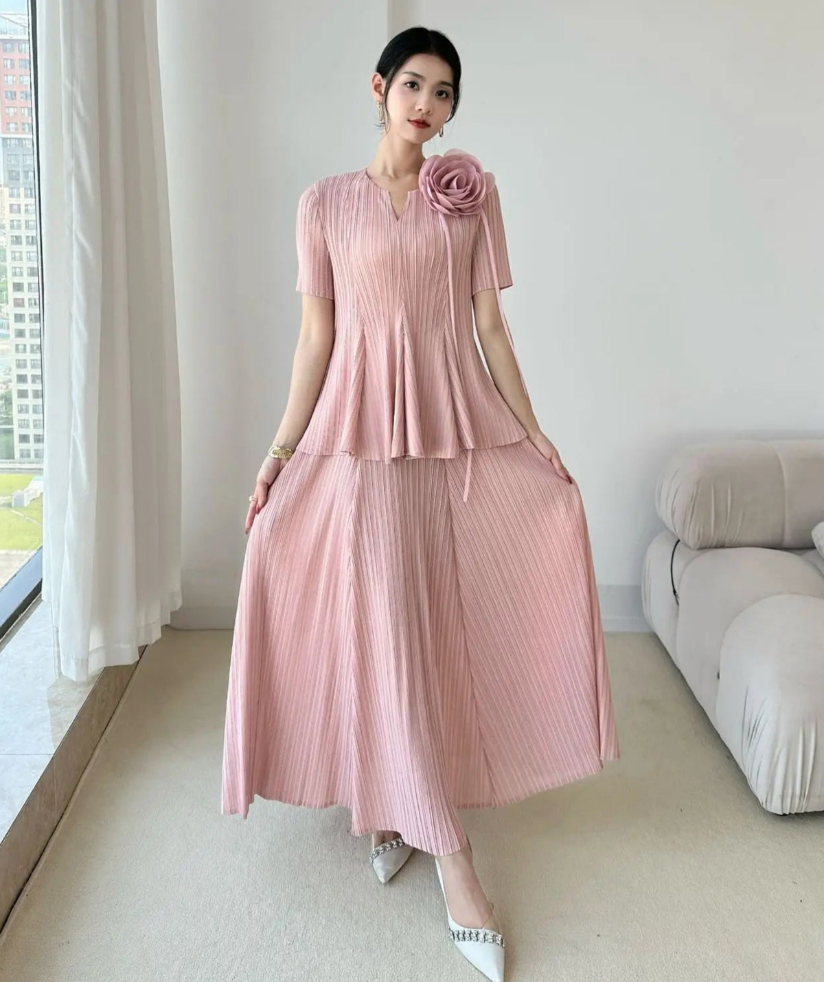 Flowy Pleated Blouse & Skirt Set