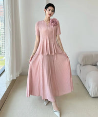 Flowy Pleated Blouse & Skirt Set