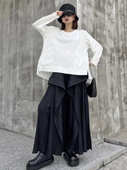 Asymmetric Wide-Leg Pleated Elastic Waist Trousers