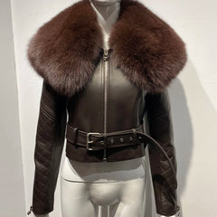 Leather Moto Jacket for Women - Real Fox Fur Trim