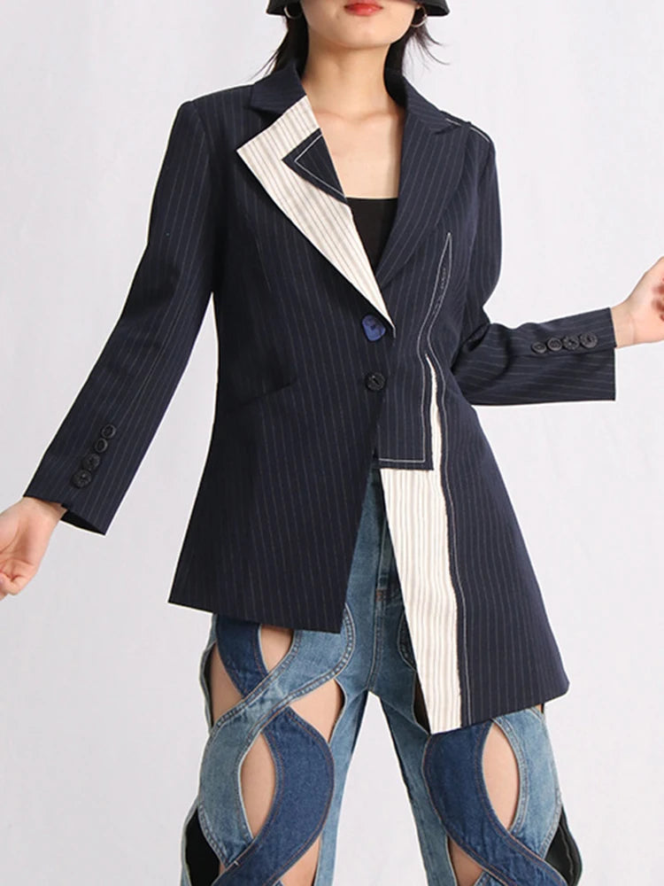 Women's Asymmetrical Navy Blue Striped Blazer Coat | Elegant Style