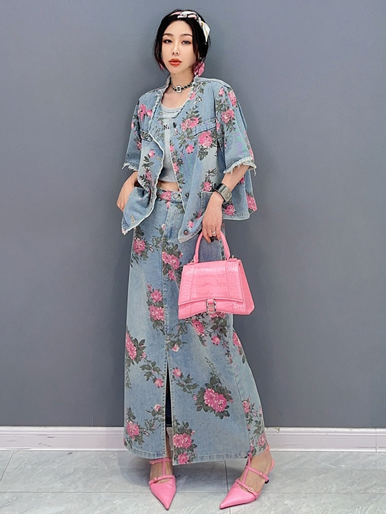Luxe Denim Pink Floral Top & Skirt 2-Piece Set