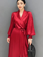 Women's Silk Elegant Red Ruffle Midi Dress