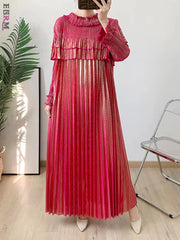 Pleated Modest Metallic Long Sleeve Midi Dress