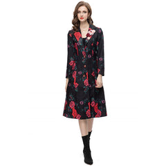 Women's Elegant Black Floral Long Trench Coat