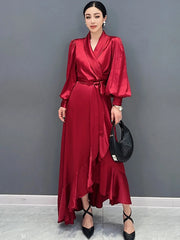 Women's Silk Elegant Red Ruffle Midi Dress