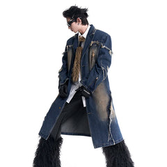 Men's Rugged Denim Streetwear Long Coat