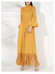 Plissé Pleated Tassel Long Sleeve Midi Dress