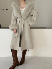 Luxury Wool-Blend Faux Fur Hooded Coat