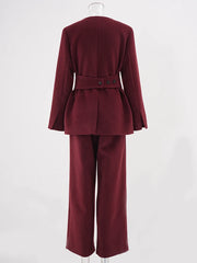 Luxe Burgundy Wool Blend Wide Leg Pant Suit