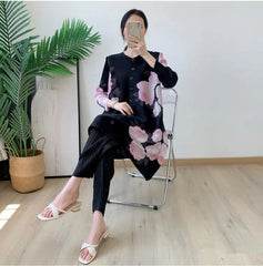 Pleated Plissé Floral Pant & Cardigan