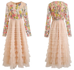 Women's Luxe Floral Embroidered Mesh Ruffle Dress