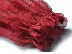 Red Ruffled Tulle Midi Dress - Sequin Embellished