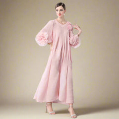 Floral Bell Sleeve Pleated Dress