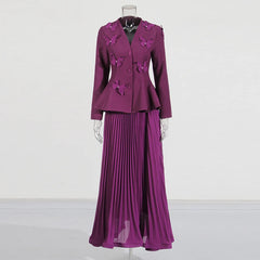 Designer Butterfly Blazer & Pleated Midi Skirt