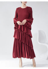 Couture Plissé Pleated Ruffle Sleeve Midi Dress