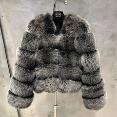 Ladies Fox Fur Crop Bomber Jacket