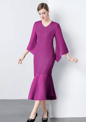 Elegant Pleats Bell Sleeve Dress
