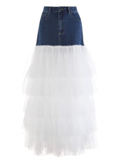 Luxe Denim and Tulle Ruffled Long Skirt