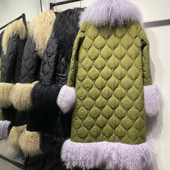 Women's Diamond Quilted Sheep Fur Long Coat